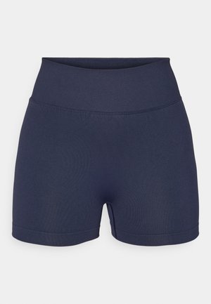 Tamne plave sportske kratke hlače izrađene od rastezljivog materijala. Visok struk, glatka tekstura i bez vidljivih uzoraka ili ukrasa.