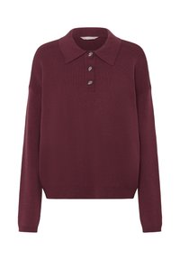 Pulover roșu-burgund cu guler ascuțit, având cinci butoni metalici și o croială lejeră, mâneci lungi și tiv striat.