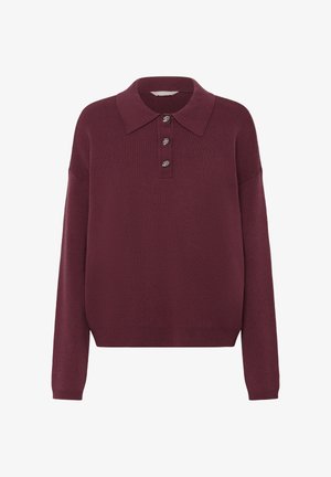 Bordeaux pullover met een puntige kraag, voorzien van vijf metalen knopen en een relaxte pasvorm, lange mouwen en een geribbelde zoom.