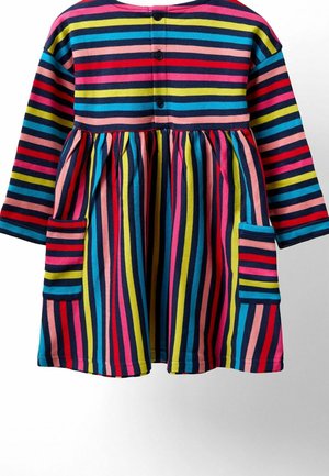 Spalvotas dryžuotas suknelė su ilgomis rankovėmis, platėjančia sijonu, mygtukų užsegimu nugaros pusėje ir dviem šoniniais kišenėmis. Pagaminta iš minkštos medžiagos.