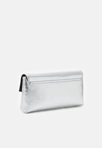 Silver metallic clutch bag with a smooth texture, rectangular shape, and a fold-over flap. Features a black interior lining and minimal stitching.