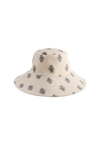 Katoenen bucket hat, crème met bloemenpatronen in rood en blauw, brede rand, gestructureerde kroon, textuurstof, casual ontwerp.