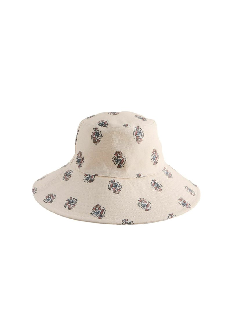 Katoenen bucket hat, crème met bloemenpatronen in rood en blauw, brede rand, gestructureerde kroon, textuurstof, casual ontwerp.