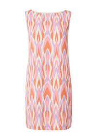 Ärmelloses Kleid mit einem abstrakten Muster in Orange, Pink und Lila auf einem Cremeton. Gerader Saum und leichtes Material.