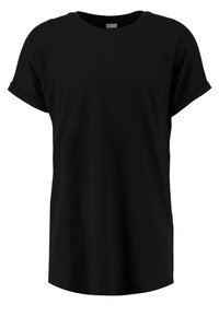 Camiseta negra de manga corta en un corte relajado. Confeccionada en tela suave con escote redondeado y mangas enrolladas. Textura suave, sin estampados.