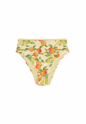 Hoch geschnittene Bikinihosen mit gelbem Hintergrund und einem bunten Fruchtmuster mit Orangen, Birnen und grünen Blättern.
