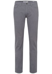 Pantaloni dritti grigi in tessuto misto cotone, caratterizzati da tasche frontali, chiusura con bottone e dettagli di cucitura sottili.