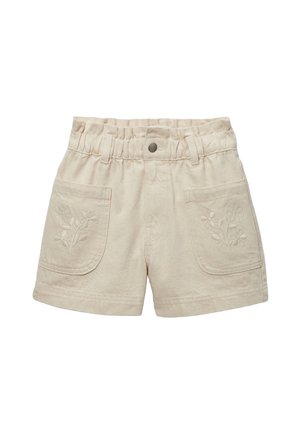 Short beige pour tout-petit avec taille élastique, bouton-pression à l'avant, deux poches avant avec broderie florale.