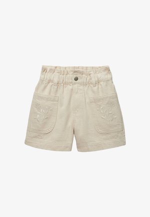 Short beige pour tout-petit avec taille élastique, bouton-pression à l'avant, deux poches avant avec broderie florale.