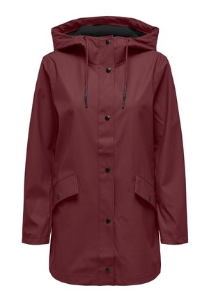 Red waterproof jacket with a hood, black snaps, and pockets. Smooth texture, mid-length design, and adjustable drawstrings at the neckline.