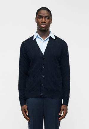 Mees, kes kannab helesinist triiksärki musta nööbitava kardiganiga ja tumedas laivärvitud pükse, seisab valge tausta ees.