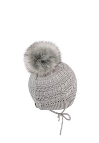 Gray knit hat with a textured pattern, topped with a fluffy gray pom-pom. Features a tie for secure fit at the bottom.