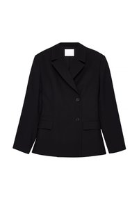 Zwarte op maat gemaakte blazer met een gelapte revers, enkel knoopsdesign, twee voorzakken en gestructureerde schouders. Soepele stoftextuur.