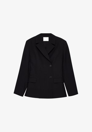 Black tailored blazer featuring a notched lapel, single-breasted design, two front pockets, and structured shoulders. Smooth fabric texture.