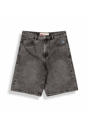 Czarne szorty jeansowe z przednimi kieszeniami, szlufkami na pasek, zapięciem na guziki oraz małym niebieskim logo w okolicy prawej kieszeni.