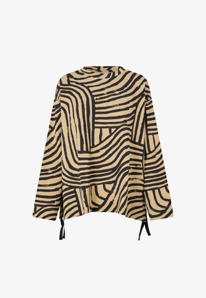 Beige Oberteil mit schwarzem Wellenmuster, langen Ärmeln, lockerer Silhouette, rundem Halsausschnitt, seitlichen Bindebändern am Saum, strukturiertem Stoff.