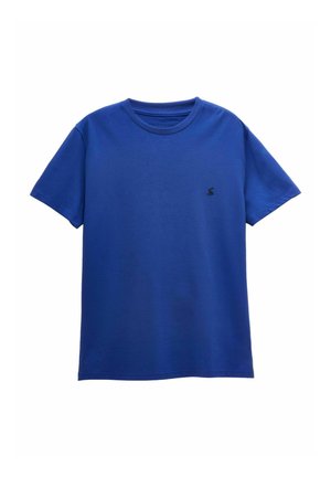 Blue short-sleeve crew neck T-shirt with small black embroidered logo on the left chest.