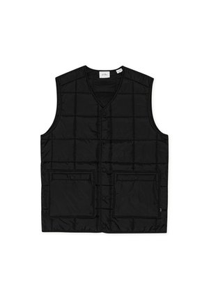 Veste matelassée noire sans manches avec col en V, deux poches à rabat à l’avant et fermeture par boutons-pression, posée à plat sur fond blanc.