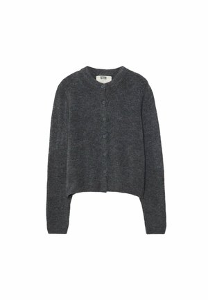 Dunkelgraue Strickjacke aus strukturiertem Strickstoff, mit rundem Ausschnitt, langen Ärmeln und sechs Knopfverschlüssen hinten.