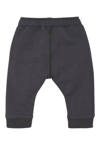 Donkergrijze katoenen sweatpants met een geribde tailleband en boorden, met een gladde textuur en een eenvoudig ontwerp. Geen patronen of hardware zichtbaar.