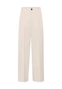 Light beige wide-leg trousers made of woven fabric. Features a high waist, front pleats, and a single black button closure.