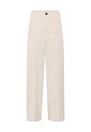 Helle beige weite Hosen aus gewobenem Stoff. Mit hohem Bund, Vorderfalten und einem einzelnen schwarzen Knopfverschluss.