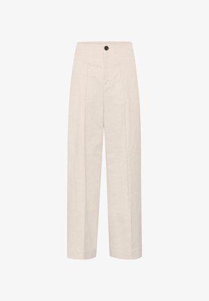 Light beige wide-leg trousers made of woven fabric. Features a high waist, front pleats, and a single black button closure.