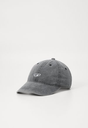 Gray cotton baseball cap with stitched detailing, curved brim, and small white logo on the front. Features ventilation holes on top.