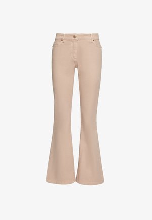 Béžine široke kavbojke iz mešanice bombaža, z zadrgo, sprednjimi žepi in gladko teksturo.