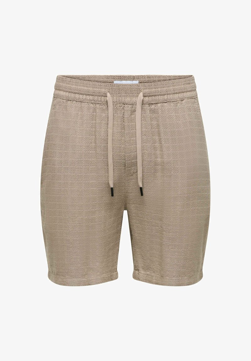 Lysebrune shorts i teksturert stoff med elastisk midjebånd og snor, designet for hverdagsbruk.