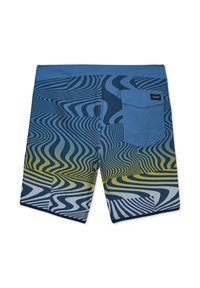 Shorts de bain pour homme avec un motif à rayures ondulées bleues, jaunes et blanches, et une poche arrière bleue unie avec un écusson logo Volcom.