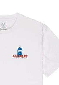 Witte katoenen t-shirt met een blauwe graphic van een personage en het woord "ELEMENT" in het oranje onder het ontwerp. Korte mouwen, ronde hals.