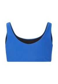 Blå sport-bh med ett mjukt, stretchigt tyg och rundad halsringning. Har en svart nätfoder vid den övre kanten och en sömlös design.