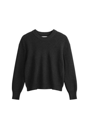 Schwarzer Strickpullover mit geripptem Design, Rundhalsausschnitt und langen Ärmeln. Die verkürzte Länge und die lockere Passform verleihen ein entspanntes Aussehen.