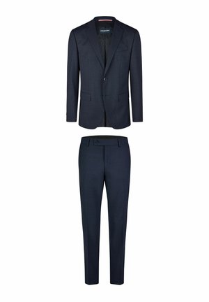 Marineblauer maßgeschneiderter Anzug mit einem Ein-Knopf-Blazer, der einen geknöpften Kragen und eine gerade geschnittene Hose hat, gefertigt aus strukturiertem Stoff.