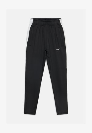 Pantalon de sport noir avec des bandes blanches sur les côtés, taille élastique, poches zippées et petit logo Nike blanc sur la cuisse droite.