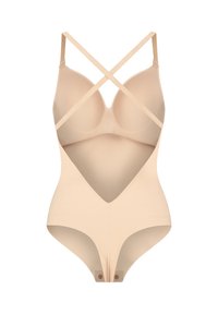 Nude bodysuit med en slät yta, korspröppade axelband och en djup V-ringning. Har justerbara axelband och tryckknappslås i botten.