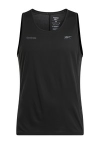 Černý bezrukávový top značky Reebok vyrobený z hladkého, lehkého materiálu, s kulatým výstřihem a diskrétním logem na přední straně.