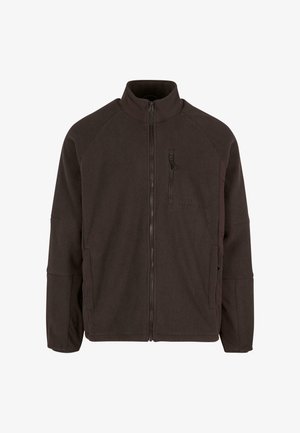 Hnedá flísová bunda s vysokým golierom, so zipsom vpredu, dvoma bočnými vreckami a vreckom na hrudi so zipsom. Má kontrastné tmavé akcenty.