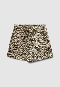 Pantaloncini a stampa leopardata con vita alta, due tasche posteriori e una texture intrecciata. I colori includono beige, nero e marrone.