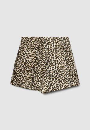 Pantaloncini a stampa leopardata con vita alta, due tasche posteriori e una texture intrecciata. I colori includono beige, nero e marrone.