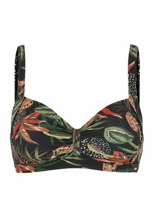Sort bikini-top med grønt, orange og brunt tropisk blad- og blomsterprint, med justerbare skulderstropper og let rynket centrum.