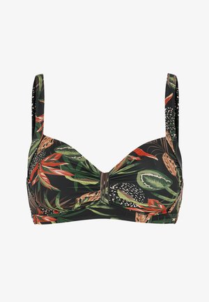 Sort bikini-top med grønt, orange og brunt tropisk blad- og blomsterprint, med justerbare skulderstropper og let rynket centrum.