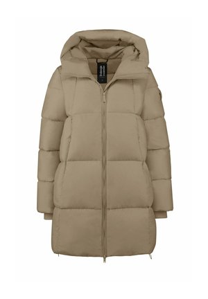 Beige gewatteerde winterjas tot op de knie met horizontale lengtegaten, aangehechte capuchon, volledige ritssluiting aan de voorkant en lange mouwen.