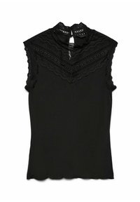 Top nero a maniche corte con colletto in pizzo alto, orlo scallop e dettagli in pizzo intricati a motivo a zig-zag. Texture del tessuto morbida.