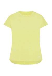 Dzeltena īsām piedurknēm T-krekli, izgatavots no mīksta auduma, ar noapaļotu kakla izgriezumu un mazu atslēgas caurumu detaļu aizmugurē.