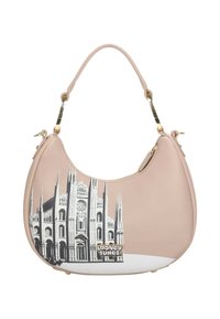Borsa hobo in pelle rosa morbida con forma arrotondata, caratterizzata da un design stampato di una cattedrale in bianco e nero e un accento in tonalità oro.