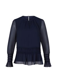 Dunkelblaue Bluse mit langen, transparenten Ärmeln, die einen gerafften Ausschnitt, ein smockiertes Taillenband und einen Peplum-Saum aufweist. Aus weichem, leichtem Stoff.