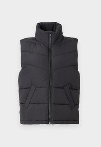 Zwarte puffer vest met hoge kraag, verticaal naaddesign, ritssluiting aan de voorkant en twee zijzakken. Gladde, gepocheerde textuur.