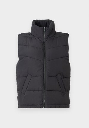 Black puffer vest with high collar, vertical seam design, front zip closure, and two side pockets. Smooth, padded texture.